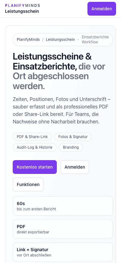 PlanifyMinds Leistungsschein – mobile Ansicht