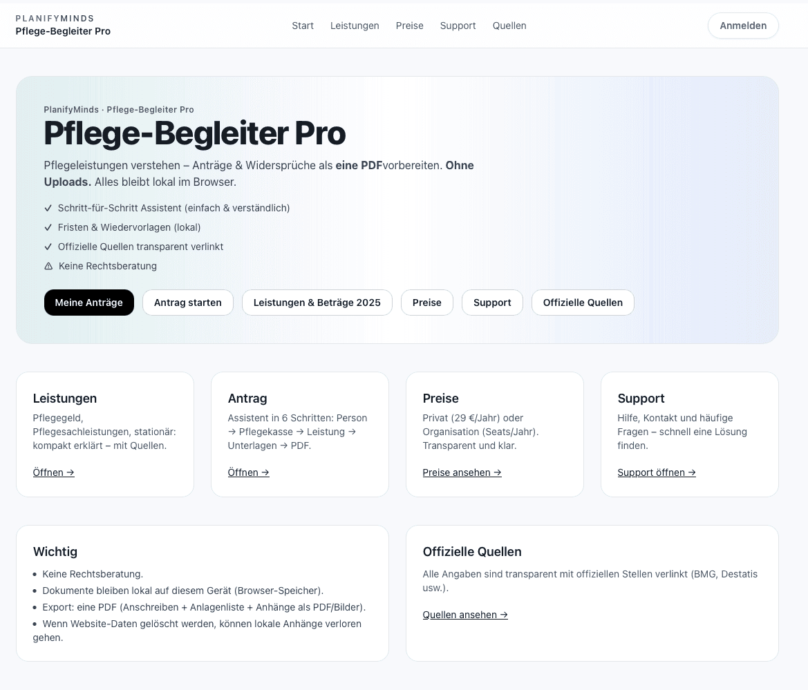 Pflege-Begleiter Pro – Dashboard