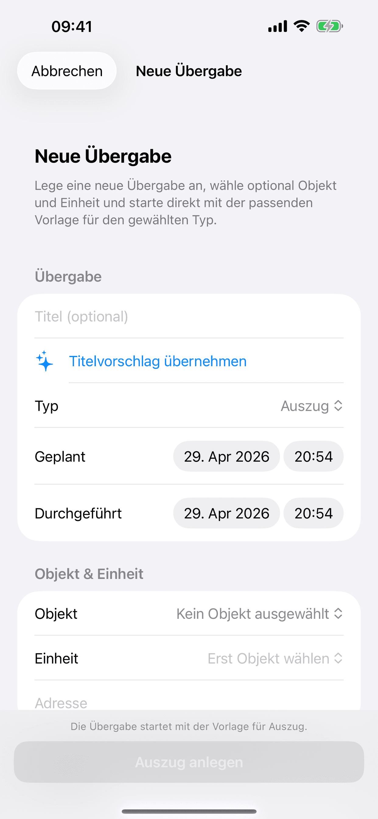 PlanifyMinds Wohnungsübergaben – neue Übergabe