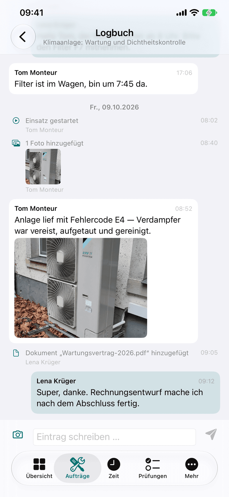Zunftheld-App: Logbuch je Auftrag mit Nachrichten, Foto und Ereignissen