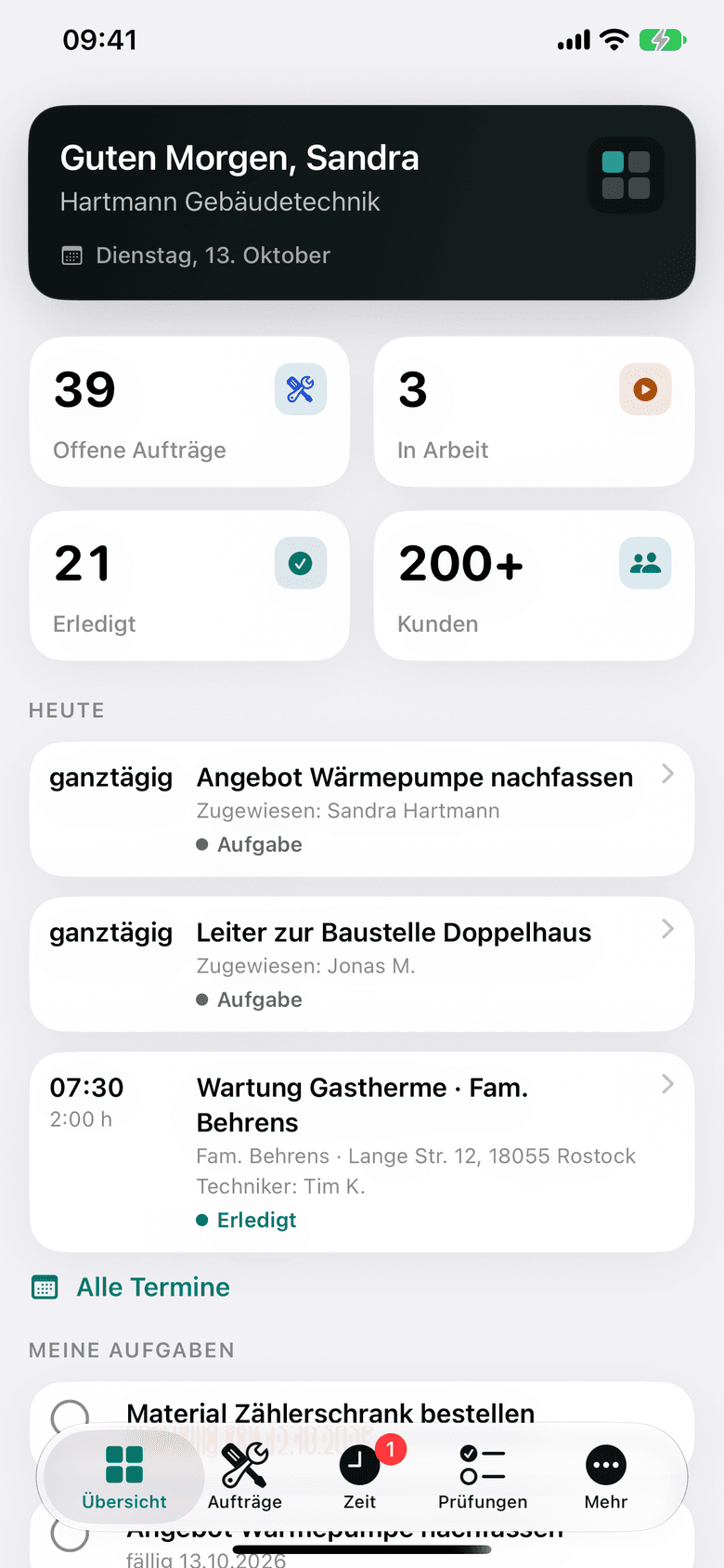 Zunftheld-App: Übersicht mit Kennzahlen zu offenen, laufenden und erledigten Aufträgen und zu Kunden, darunter die Termine von heute und die eigenen Aufgaben