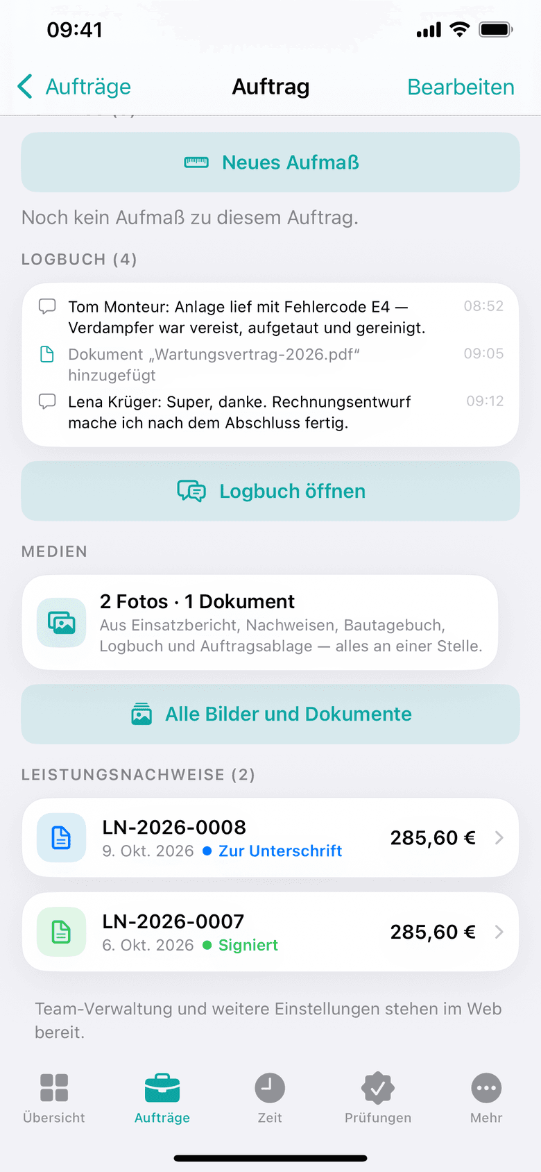 Zunftheld-App: Auftrag mit den Abschnitten Logbuch und Medien, darunter Leistungsnachweise
