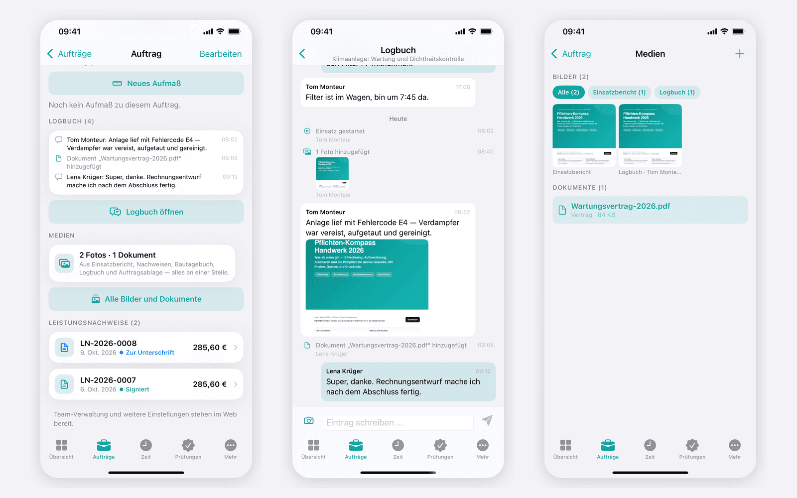 Zunftheld-App 1.9: Auftrag mit den Abschnitten Logbuch und Medien, daneben das Logbuch mit Nachrichten, Foto und Ereignissen sowie die Medienansicht mit Bildern und Dokumenten des Auftrags
