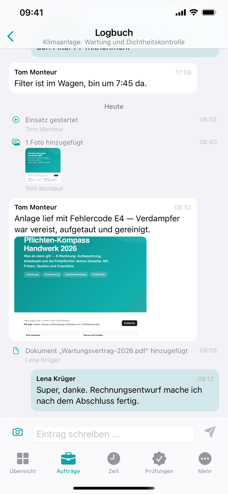 Zunftheld-App: Logbuch je Auftrag mit Nachrichten, Foto und Ereignissen