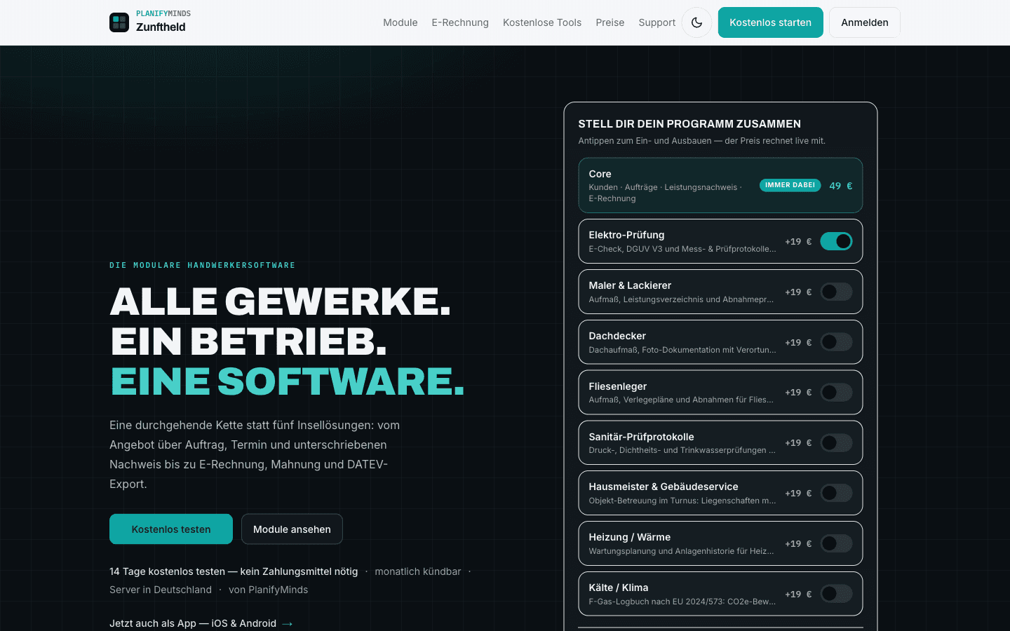Zunftheld – Startseite mit Modul-Konfigurator