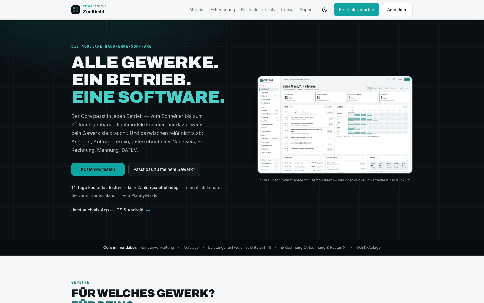Zunftheld: Startseite mit echter Produktansicht und Gewerke-Einstieg