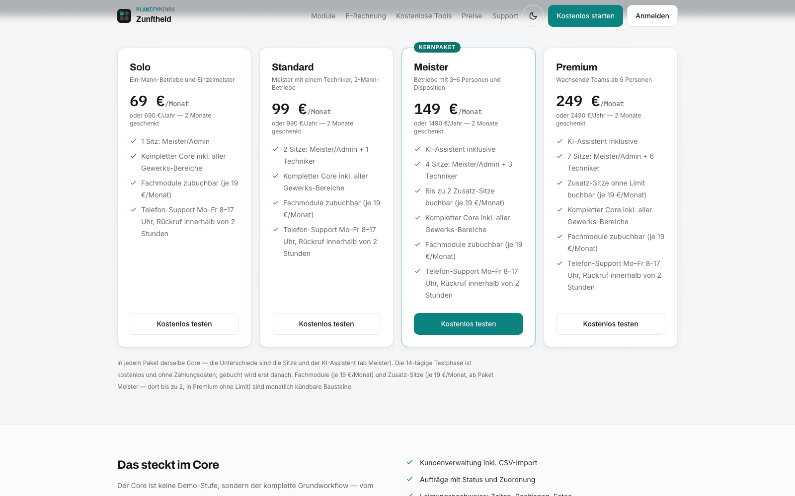 Zunftheld – Preise: Festpreis-Pakete Solo, Standard, Meister, Premium