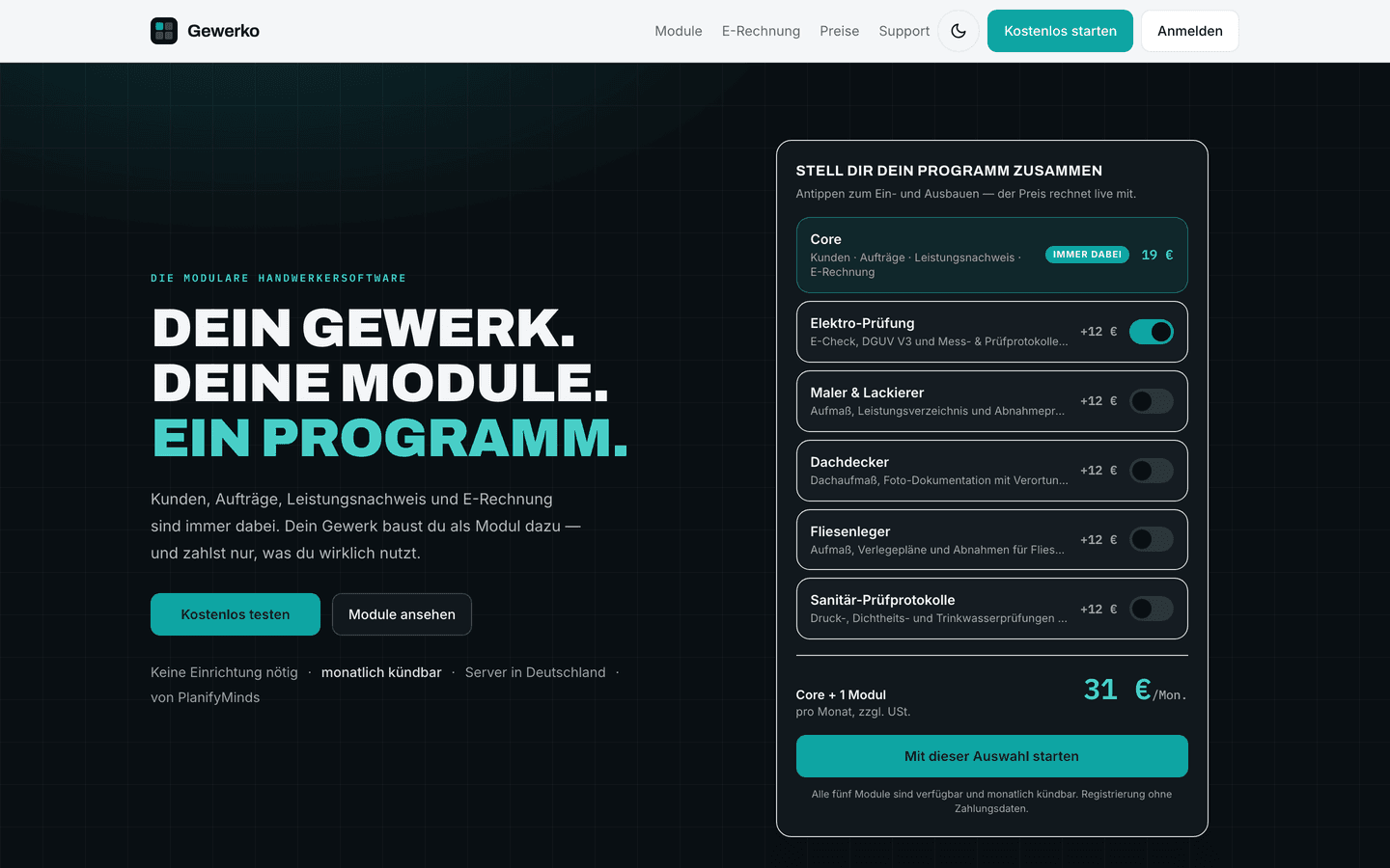 Gewerko – Startseite mit Modul-Konfigurator