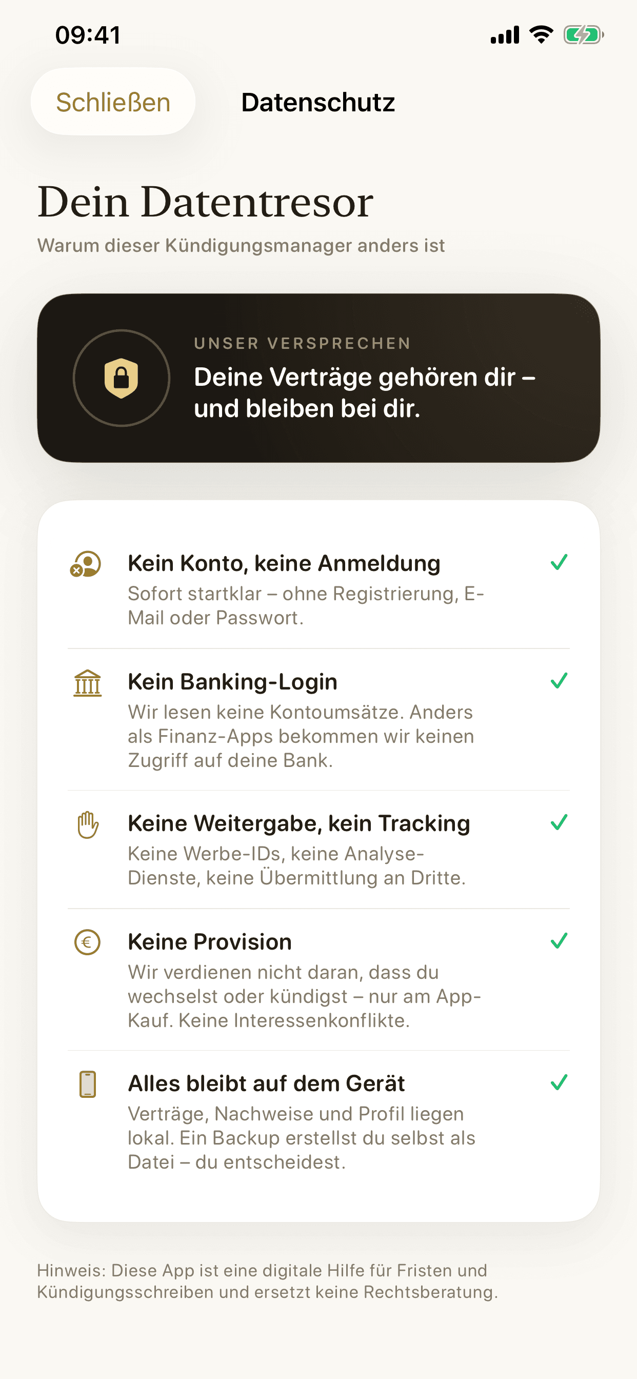 Kündigungsmanager – Datentresor: kein Konto, kein Banking-Login, kein Tracking