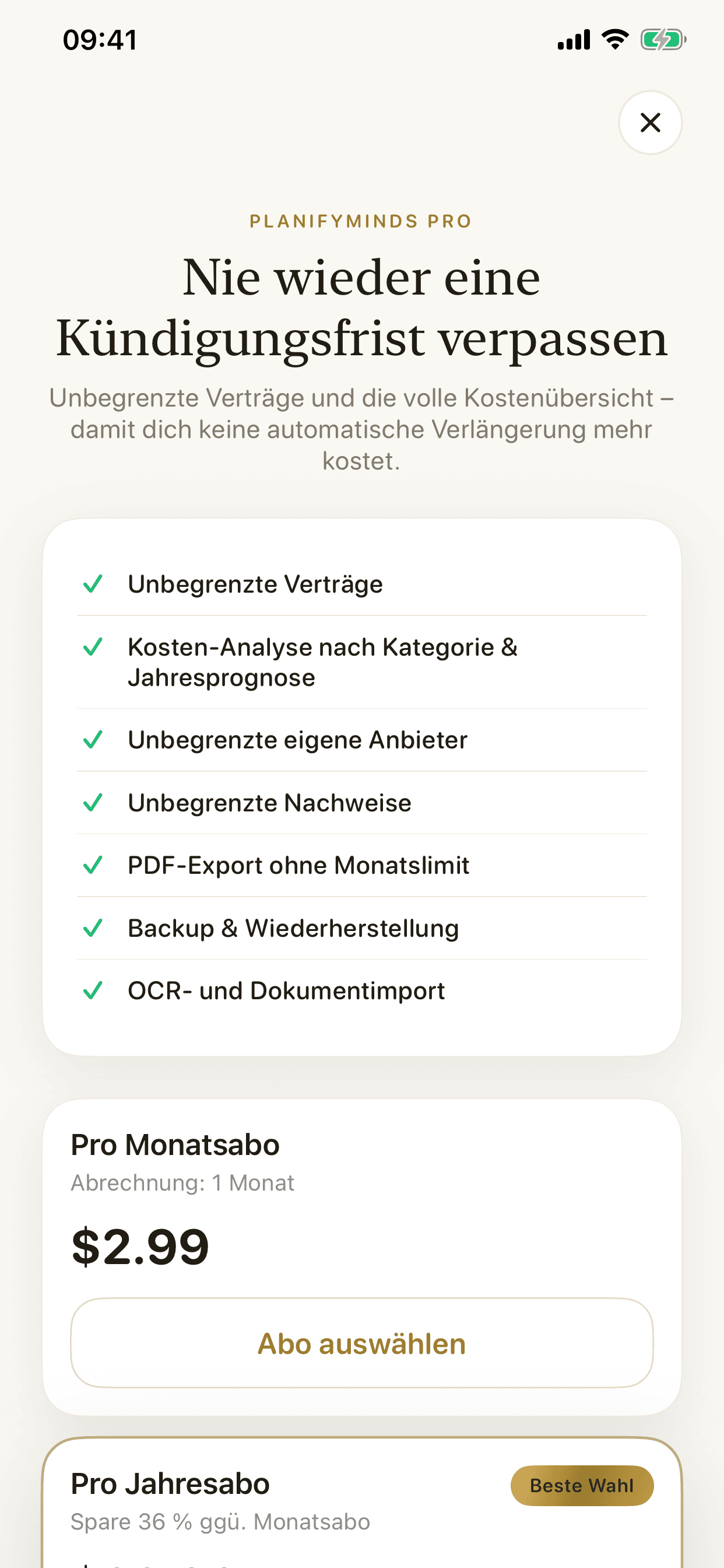 Kündigungsmanager – PlanifyMinds Pro mit unbegrenzten Verträgen und Kosten-Analyse