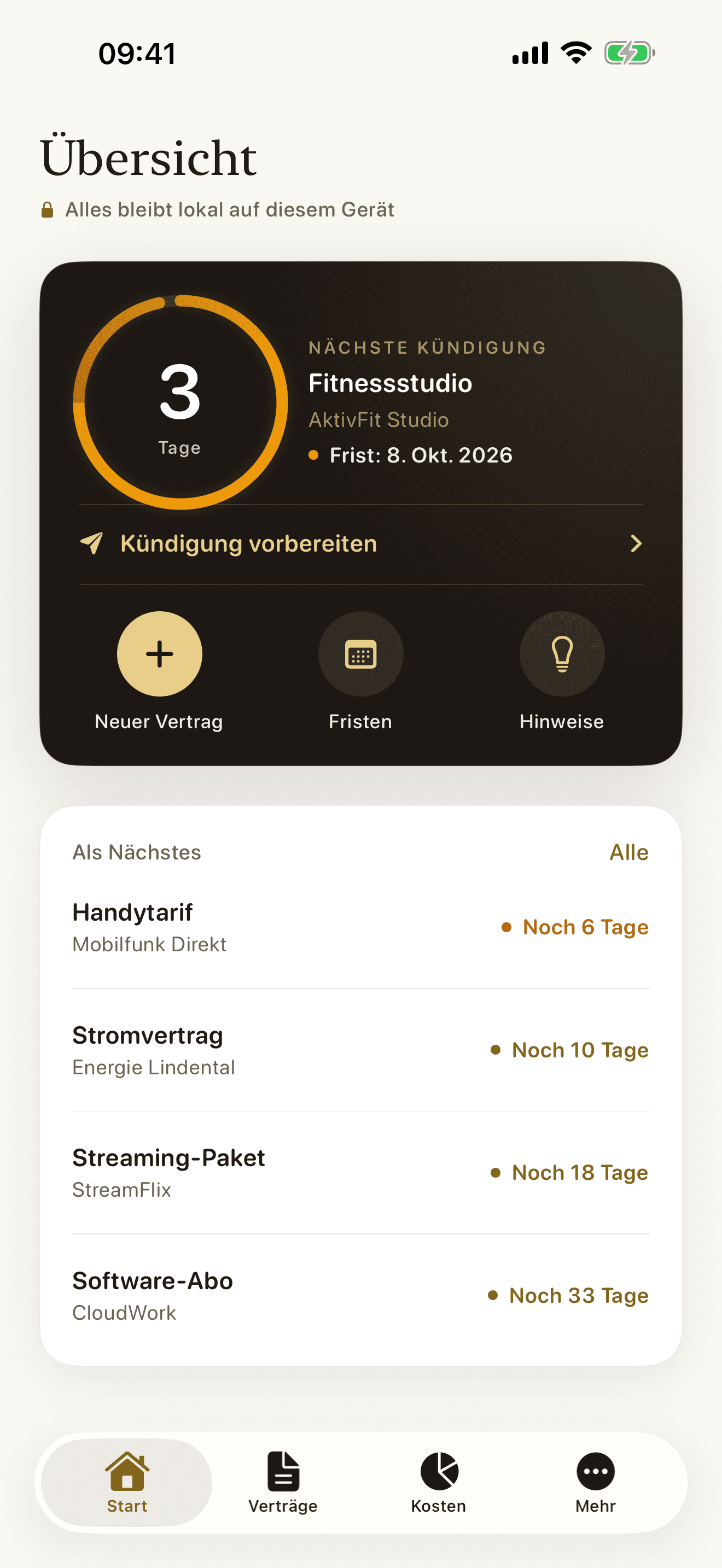Kündigungsmanager – Übersicht mit Countdown zur nächsten Kündigung
