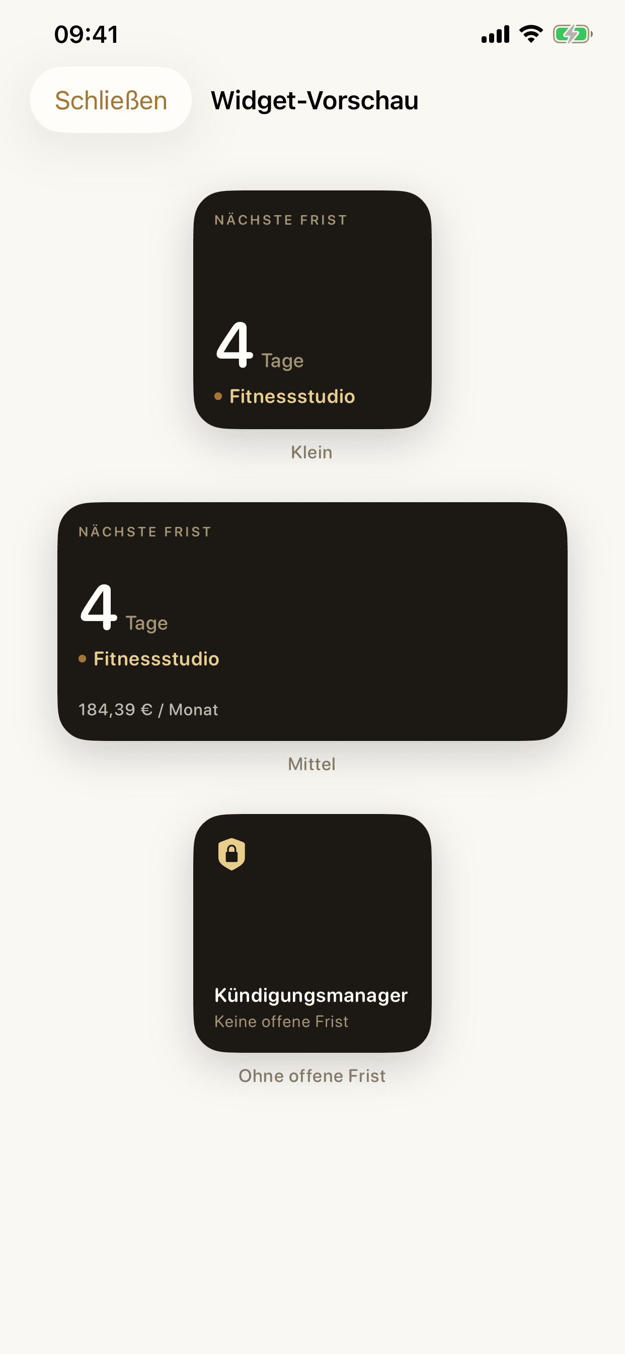 Kündigungsmanager – Home-Screen-Widget mit nächster Frist und Monatskosten