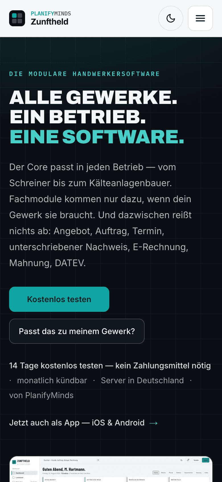 Zunftheld – mobile Ansicht
