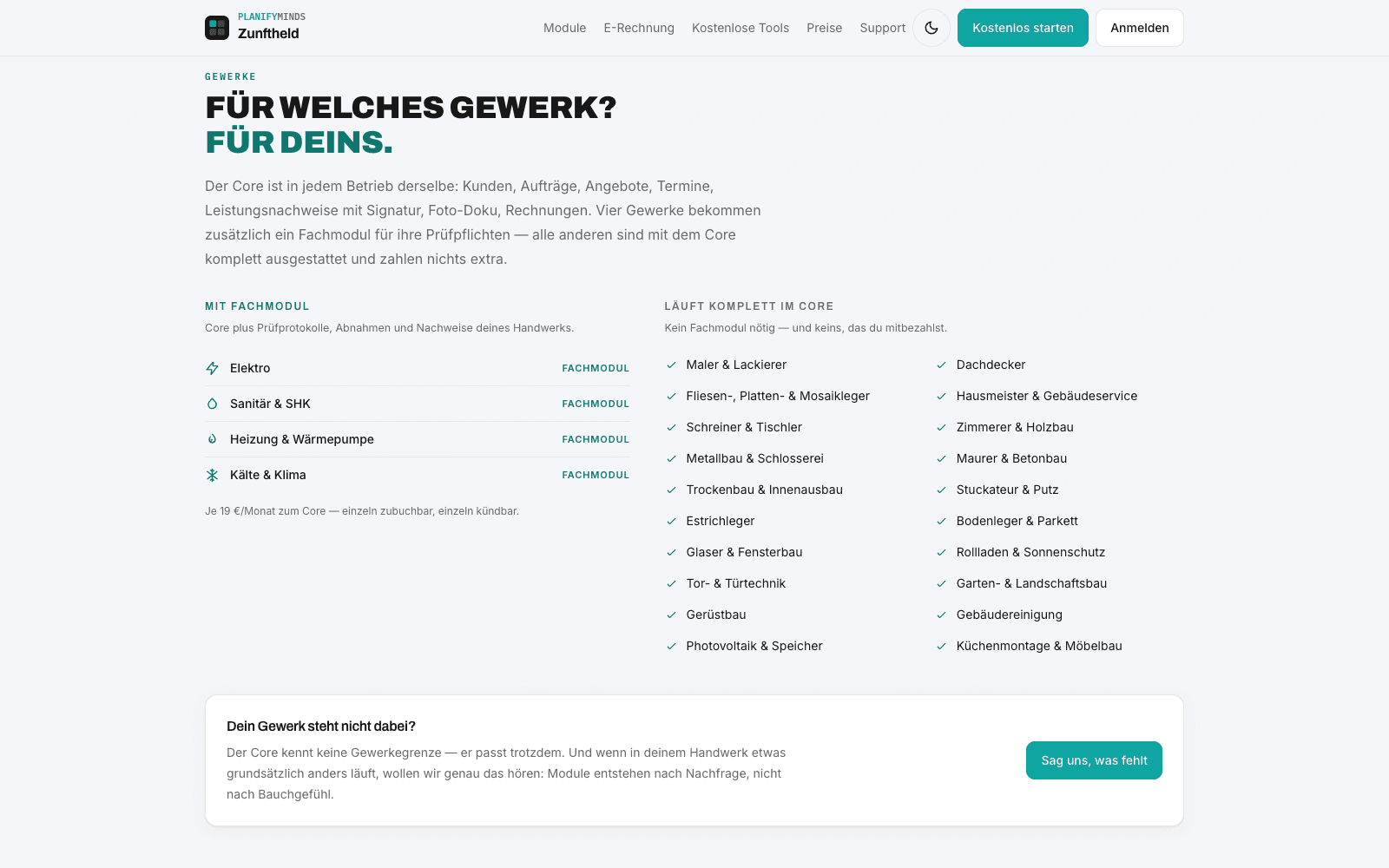 Zunftheld – Gewerke-Übersicht der Startseite: Fachmodule und Gewerke im Core