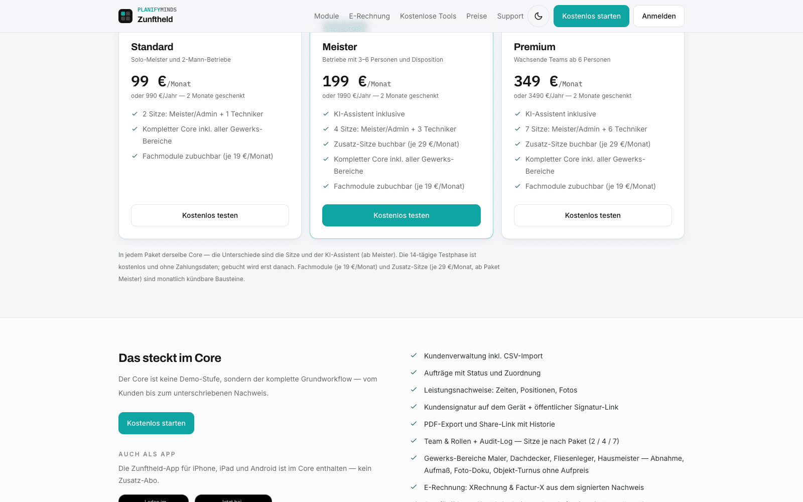 Zunftheld – Preise: Festpreis-Pakete Standard, Meister, Premium